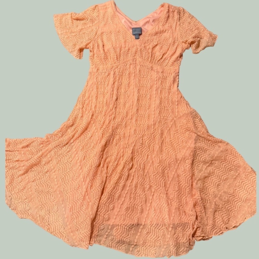 Rabbit Rabbit Designs Peach Lace Flutter Sleeve Midi Dress Y2K grandma core